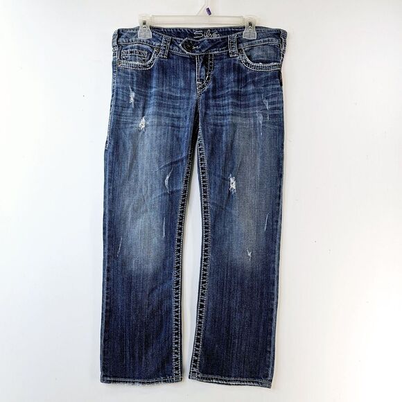 Silver Tuesday Capri Jeans Women's 30 Distressed Low Rise Embroidered Dark Wash - Picture 12 of 13